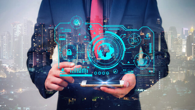 double exposure of businessman using smart phone show globe networking simulation data and blur city night, network technology connection concept.