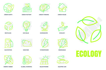 Set of Environmental ecology icon logo vector illustration. Eco friendly pack. green house, electric car, hydro power and etc symbol template for graphic and web design collection - obrazy, fototapety, plakaty