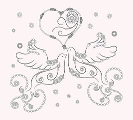 Coloring page with doves, hearts, spirals, decorative elements and flowers in mandala style. Anti-stress coloring book for children and adults.