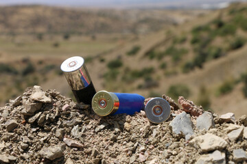 Used shotgun cartridges on mountain background