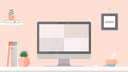 ピンクのかわいい部屋と4分割表示のデスクトップ型パソコンのモニターとnew normalの文字が入った額縁