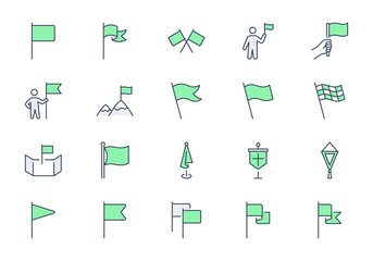 Flags line icons. Vector illustration include icon - pennant, waving banner, point on map, flagpole, navigation, challenge, pennon outline pictogram for location. Green Color, Editable Stroke