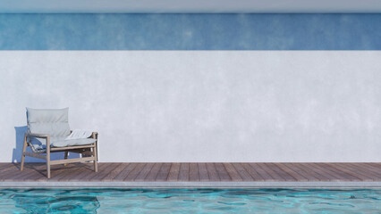 Easy chair with white towel on the side of swimming pool with rough concrete wall. The light reflected on pool water, make a caustic light on the wall. 3D illustration. - 517946488
