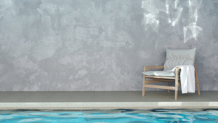 Easy chair with white towel on the side of swimming pool with rough concrete wall. The light reflected on pool water, make a caustic light on the wall. 3D illustration. - 517946489