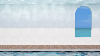 White stucco paint wall with arch void and wooden deck at swimming pool. Light caustic on the wall with clear sea bright and blue sky in background. 3D illustration. - 517946490