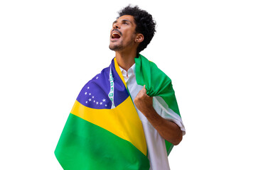 September seven, Brazil Independence Day. Black man holds Brazilian flag isolated. - obrazy, fototapety, plakaty