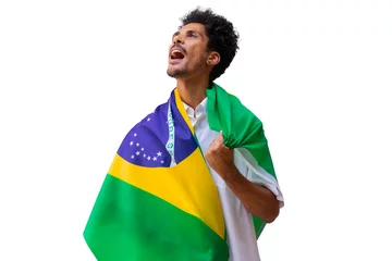 Fotobehang September seven, Brazil Independence Day. Black man holds Brazilian flag isolated. © Andre Nery