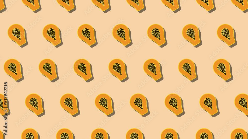 Aufkleber papaya fruit slice in animated pattern on an orange background. seamless loop food animation with si