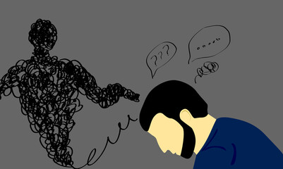 A depressed man looking down in confusion, haunted by a suicidal war.Flat design