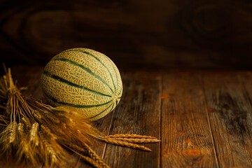 autumn still life with melon in a dark key on a wooden background