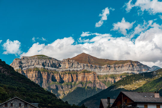View of the Mondarruego peak, from Torla-Ordesa, in the Spanish Pyrenees, Huesca, Aragon, Spain.