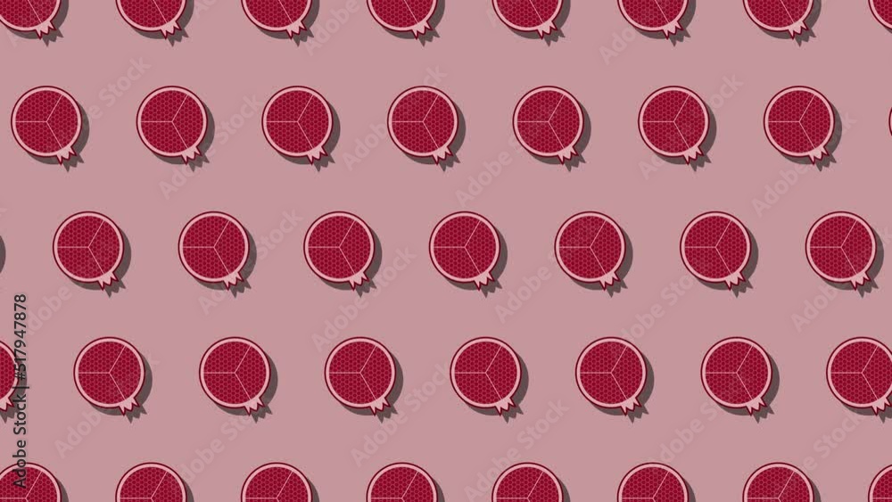 Poster pomegranate in animated pattern on a brown background. seamless loop food animation with simple styl
