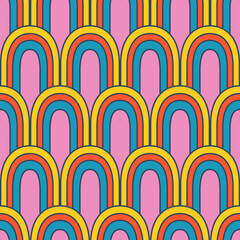 Vector retro pattern with abstract rainbows. Groovy seamless pattern. 70s. Hippie rainbow in retro style.