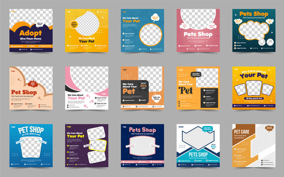 Pet Shop Social Media Promotion Post Banner Set Or Pet Care Services Flyer Template Design Bundle And Pet Sitting, Pet Adoption, Animals Banner, Pet Food And Accessories	