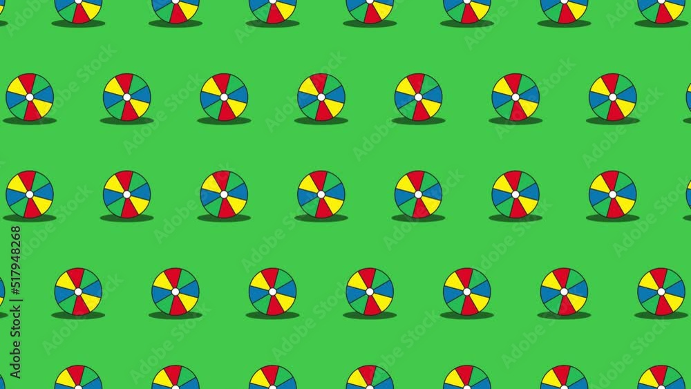 Poster seamless loop pattern with beach balls on a green background. sport balls in seamless loop animation
