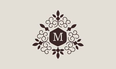 Luxury vector linear logo, company icon, letter M. Decorative frame for restaurant menu, hotel, jewelry, fashion, label, sign, banner.