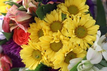 A bouquet of flowers for the holiday, yellow chrysanthemums