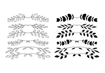 Set of floral text dividers with eucalyptus branches. Outline and silhouette hand drawn text dividers. Decorative elements for invitations, greeting cards, web.