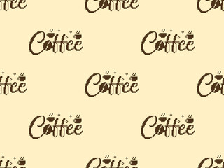 Coffee cartoon character seamless pattern on yellow background. Pixel style