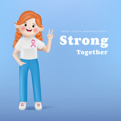 3d illustration cartoon cute women character presenting a pink ribbon in the breast cancer awareness month. Strong and fight together campaign.