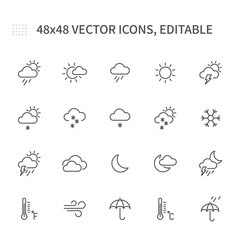 Icons on the theme of the weather. Thunderstorm, rain, clouds, weather icons, weather forecast and more.