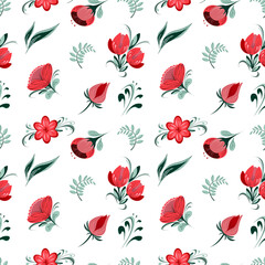 Vector floral seamless pattern with red flowers and green leaves and stems on white background for print, gift wrapping paper, stickers, textile print 