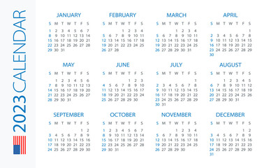 Calendar 2023 year Horizontal - vector illustration template. American version. Week starts on Sunday