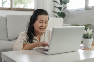 Happy and cheerful older lady Mature asian woman reading good news at laptop. senior business woman and technology concept.
