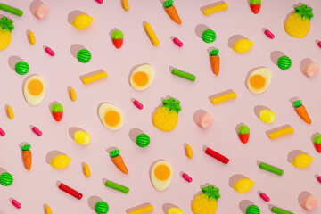 Trendy pattern of colorful candy, sweets, fruit gummies, sprinkles for party celebration design over pink background. Creative greeting card about food ideas. Sugar problem with kids eating..