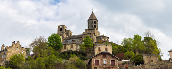 Fototapeta na wymiar Landscape with Eglise du Saint-Nectaire in Auvergne in central France