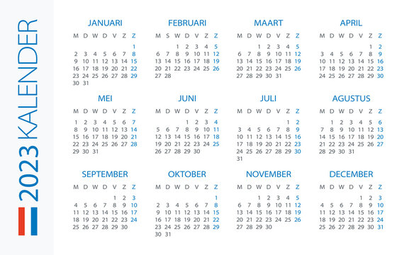 Calendar 2023 year Horizontal - vector template illustration. Dutch version
