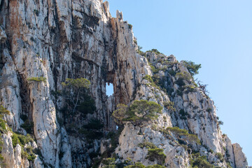 Limestone cliffs near Cassis, boat excursion to Calanques national park in Provence, France