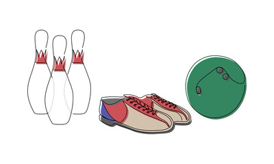 Bowling colored set with ball, skittles and sport shoes one line art. Continuous line drawing entertainment, sport, pin, hobby, game, activity, competitive, leisure, strike, professional play, color.