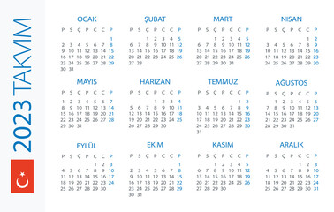 Calendar 2023 year Horizontal - vector template illustration. Turkish version