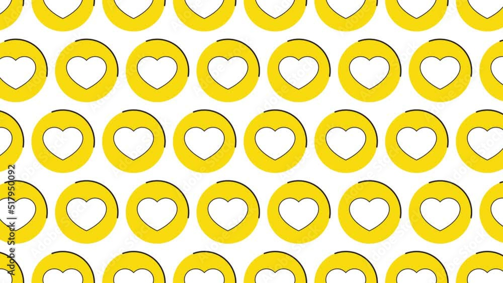 Aufkleber heart shapes in yellow circles pattern on a white background. seamless loop dynamic pattern with reg
