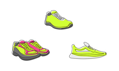 Running shoes, colored sneakers one line art. Continuous line drawing of sport, gumshoes, shoes, speed, running, sprinter, marathon, training, sportswear, jogger, activity color, athlete training