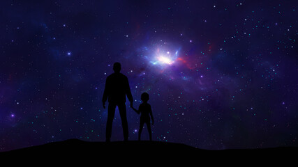 Fototapeta na wymiar Black silhouette of father holding daughter with colorful nebula and stars in space. Parent concept, digital illustration, 3D rendering