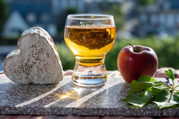 Products of Normandy, cow heart shaped neufchatel lait cru cheese and glass of apple cider drink with houses of Etretat village on background, Normandy, France