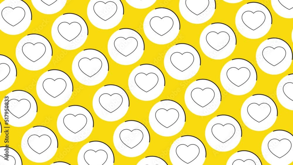 Aufkleber heart shapes in white circles pattern on a yellow background. seamless loop dynamic pattern with reg