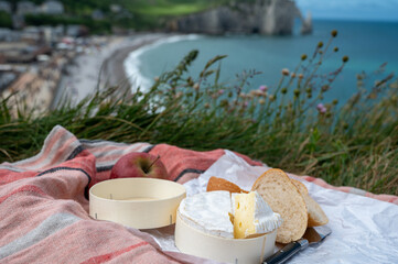 Lunch with french round camembert cow cheese from Calvados region, fresh baked baguette bread and apple on green meadow with view on alebaster cliffs Porte d'Aval in Etretat, Normandy, France