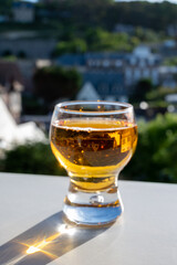 Glass of apple cider drink in sunlights and houses of Etretat village on background, Normandy, France