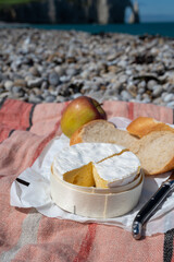 Lunch with french round camembert cow cheese from Calvados region, fresh baked baguette bread and apple on pebbles stones beach with view on alebaster cliffs Porte d'Aval in Etretat, Normandy, France