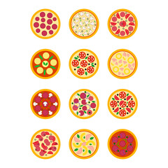 Pizza icon set. Pizza of different types isolated on white background. Colored pizza icon in flat design. Fast food icon. Logo for menu pizzeria, cafeteria, website. Vector illustration