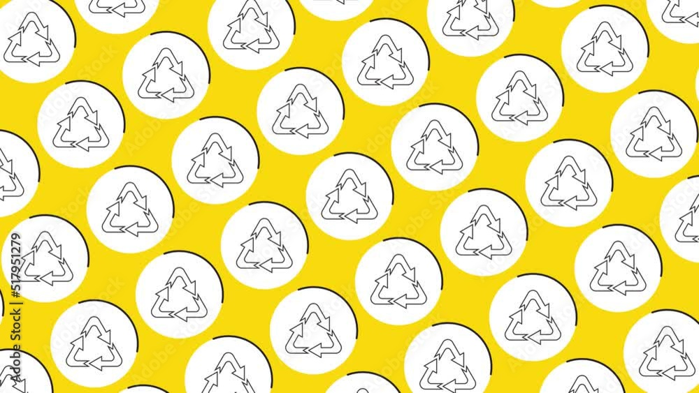 Aufkleber recycling symbol in white circles pattern on a yellow background. seamless loop dynamic pattern with