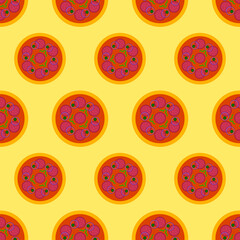 Pizza seamless pattern. Colored pizza icon on yellow background . Fast food icon in flat design. Modern design for print on wrapping paper, wallpaper, fabric, packing. Vector illustration