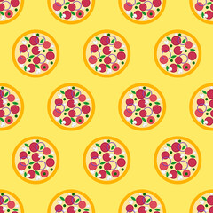 Pizza seamless pattern. Colored pizza icon on yellow background . Fast food icon in flat design. Modern design for print on wrapping paper, wallpaper, fabric, packing. Vector illustration