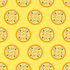 Pizza seamless pattern. Hawaiian pizza icon on yellow background. Fast food icon in flat design. Modern design for print on wrapping paper, wallpaper, fabric, packing. Vector illustration