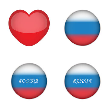 Set of Russian flag button. Flag of Russian Federation with word "Russia" in Cyrillic and on english. White, blue, red. Isolated illustration on white background