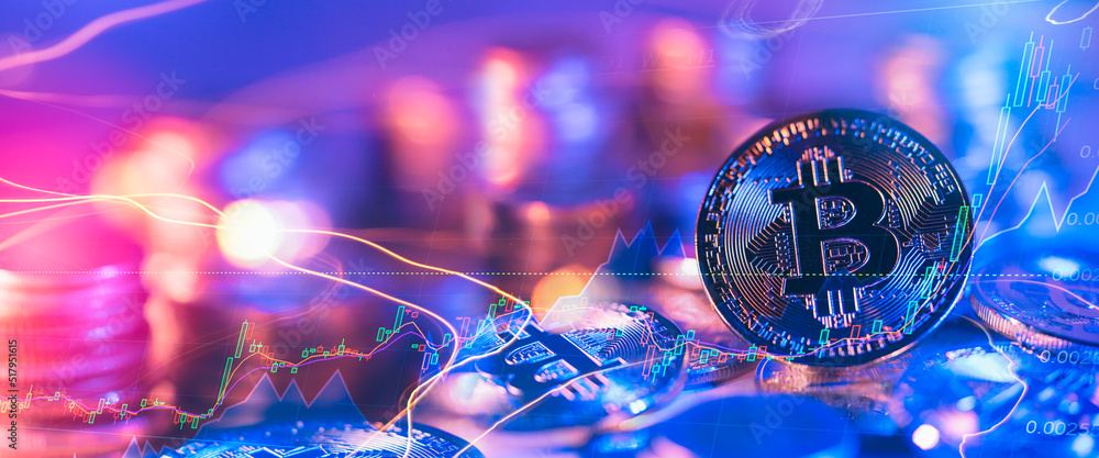 Poster golden bitcoin coin in neon light with bull trading stock chart.bitcoin gold and cash lightning bloc