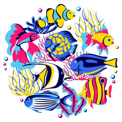 Obraz premium Background with tropical fishes. Marine life aquarium and sea animals.